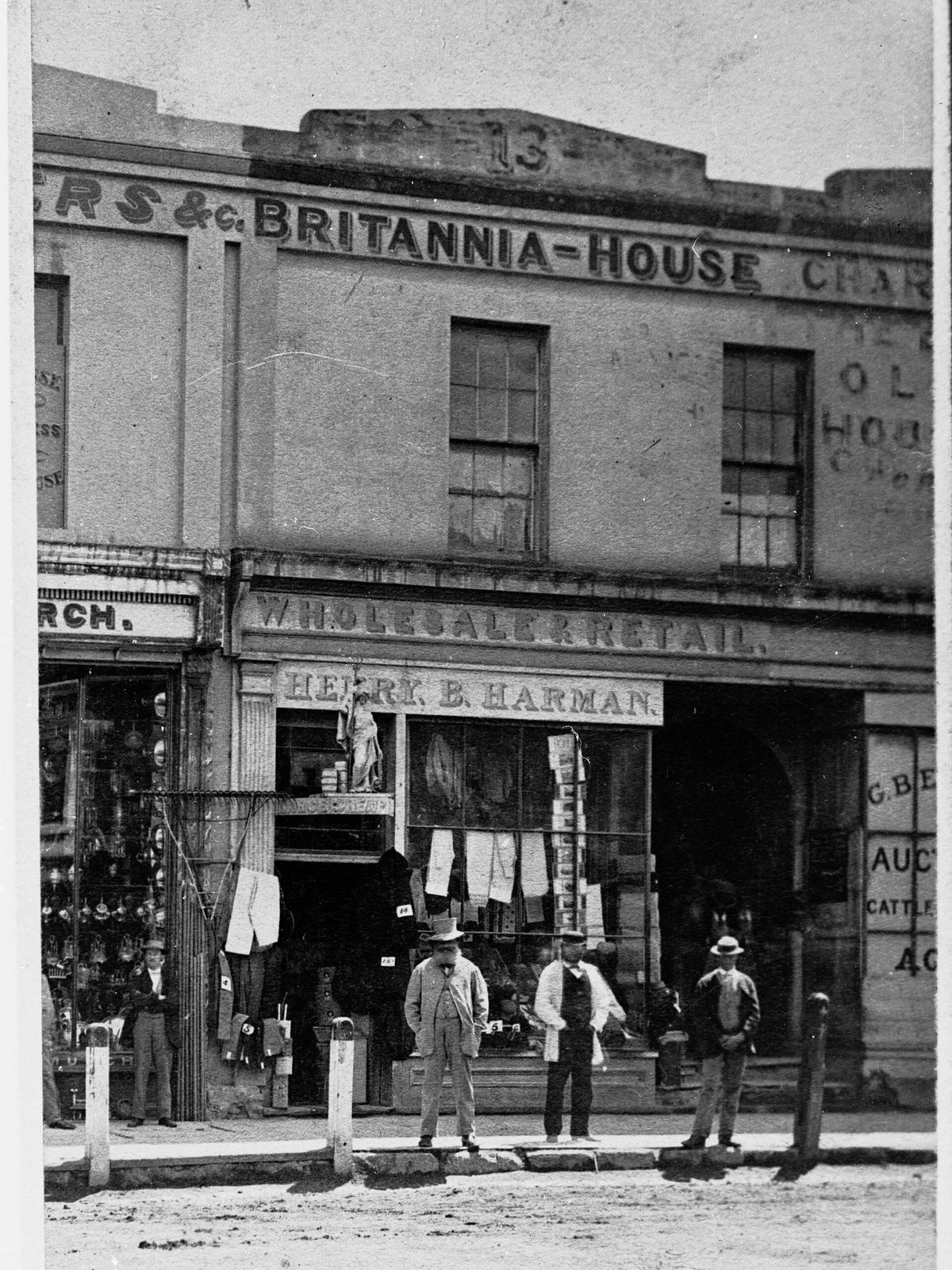 Britannia House on Hindley Street, Adelaide, around 1871, with painted wholesale and retail signs
