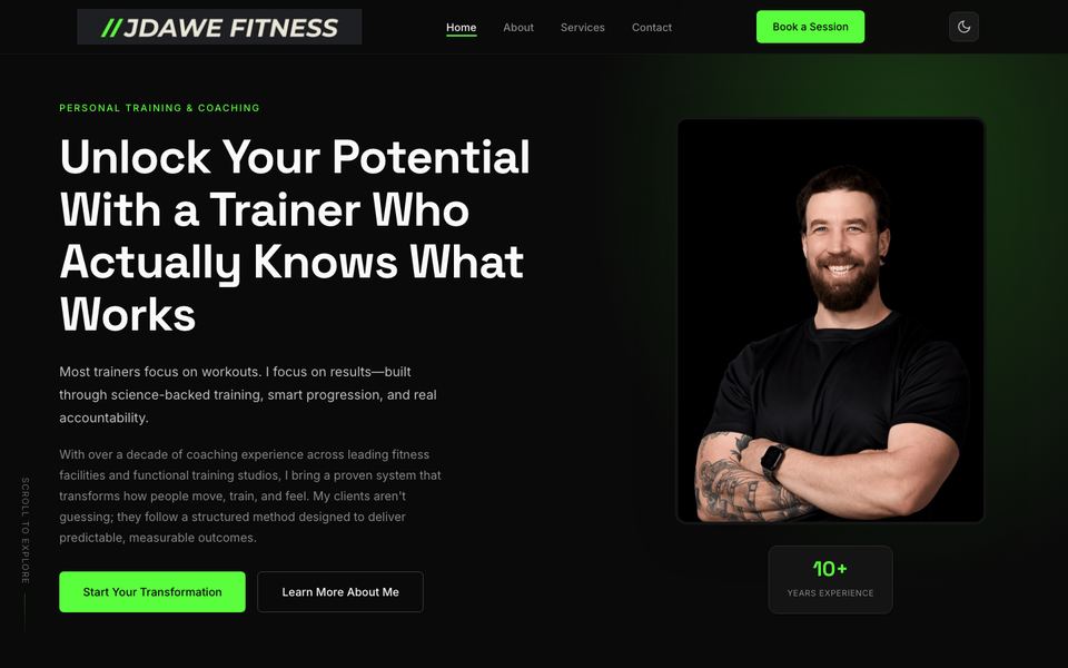 Homepage of the JDawe Fitness website